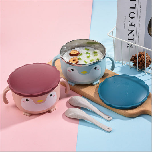 Stainless Steel Tableware Cute Penguin Cartoon Baby Bowl With Handle🍜🤤