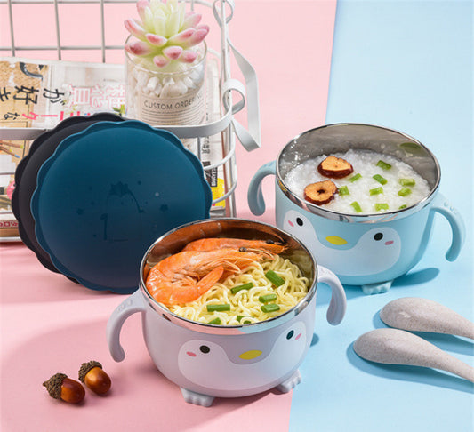 Stainless Steel Tableware Cute Penguin Cartoon Baby Bowl With Handle🍜🤤